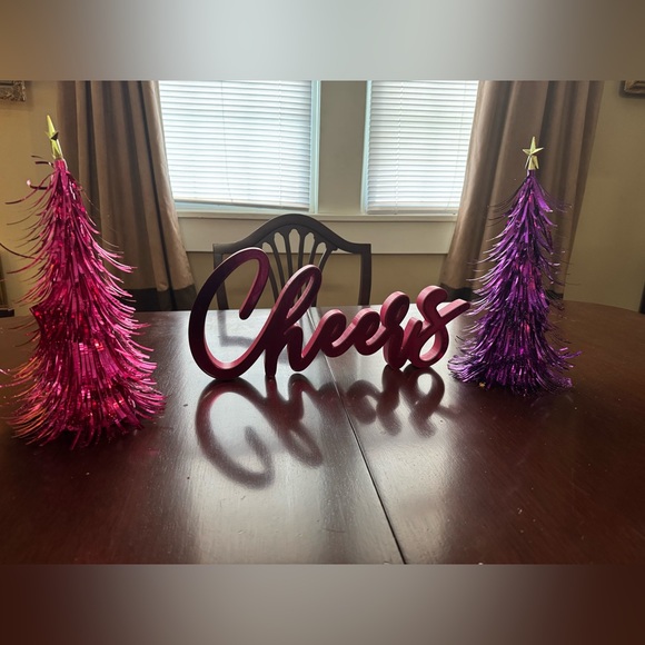 Other - Vibrant Pink 'Cheers' Sign with Purple Tinsel Trees